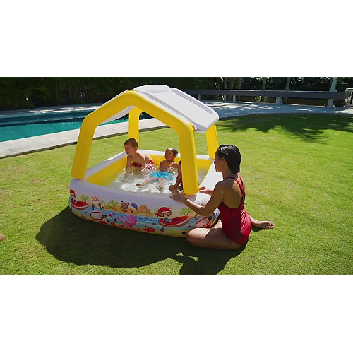 Бассейн надувной детский квадратный с навесом от солнца "Домик", размер 157х157х122 см, 57470 Intex