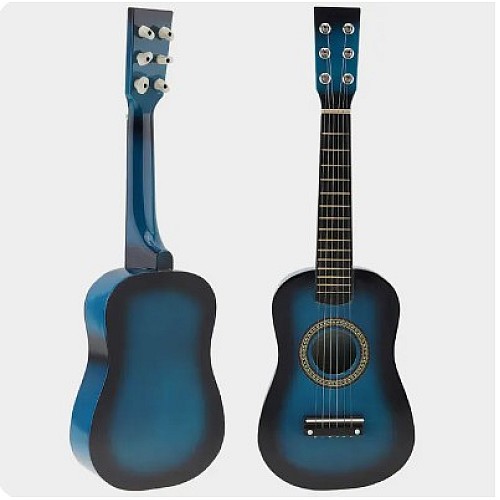 Іграшкова гітара для дітей дерев'яна, Шестиструнна, Можна настроювати 6 струн, медіатор (1369) Синя