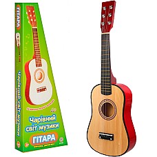 Игрушечная гитара для детей деревянная, шестиструнная, Можно настраивать 6 струн, медиатор (1369) Бежево красная
