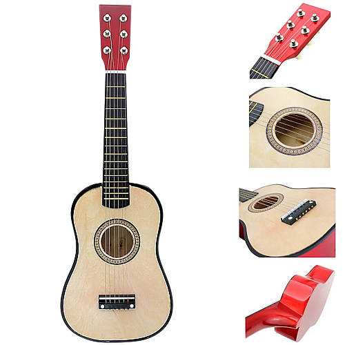 Іграшкова гітара для дітей дерев'яна, Шестиструнна, Можна настроювати 6 струн, медіатор (1369) Бежево + червона