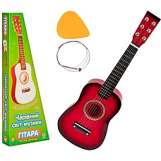 Игрушечная гитара для детей деревянная, Шестиструнная, настраивается, медиатор (1369) Красная