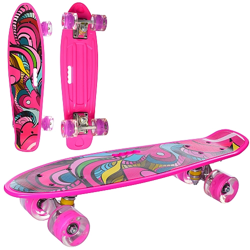 Рожевий пенні борд з LED підсвіткою і PU колесами, дизайн 0749-6-10