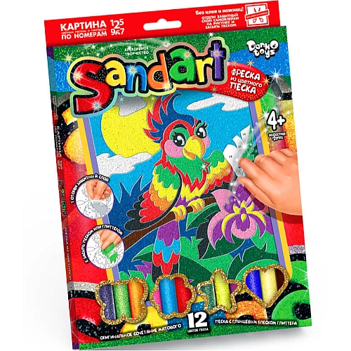 Картина цветным песком и глитером по номерам Фреска Sand Art Попугай SA-01-06