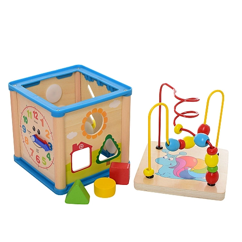 Дерев'яна іграшка Центр розвиваючий  лабіринт на проволоці, сортер, годинник MD2093