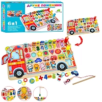 Дерев'яна іграшка Сортер Монтессорі дошка з вкладишами 6в1 Друже Пожежник MD1960