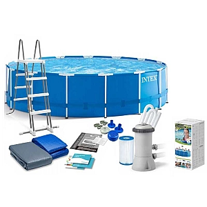 Intex Басейн каркасний 28242 NP від 6 років, сходи, тент, підстилка, насос та фільтр у комплекті, діаметр 457см, висота 122см, 16805 л, насос 3785 л/год