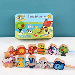 Дерев’яна шнурівка С 74546 (120) тематичні дерев'яні фігурки, шнурок з дерев’яним краєм, в боксі