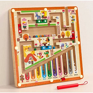 Дерев'яна магнітна гра C74026 (48) 23х23х1.2 см, стилус, лабіринт, кульки, сортер, кольори англійською, цифри