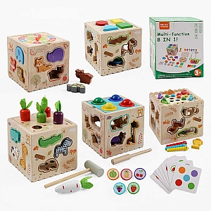 Куб логічний C73230 (32) 8в1, 4 кулі, дерев’яний, магнітна риболовля, сортер за формами, годинник, 5 морквин, молоточок, картки