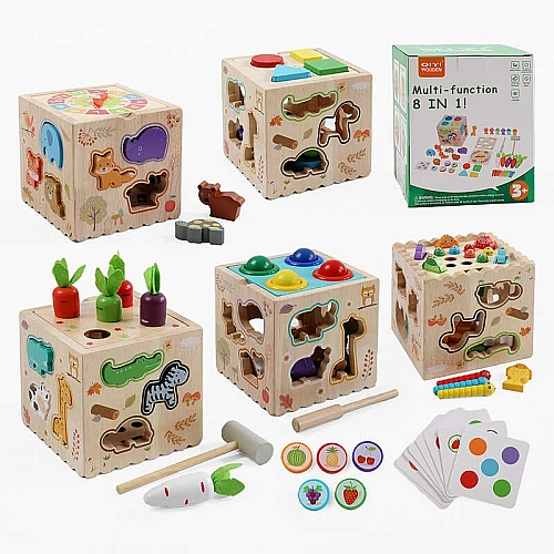 Куб логічний C73230 (32) 8в1, 4 кулі, дерев’яний, магнітна риболовля, сортер за формами, годинник, 5 морквин, молоточок, картки
