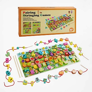 Логічна дерев’яна дошка C67048 (20) літери та назви продуктів англійською, сортер, цифри, шнурівка, кульки, палички