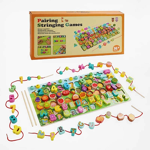 Логічна дерев’яна дошка C67048 (20) літери та назви продуктів англійською, сортер, цифри, шнурівка, кульки, палички