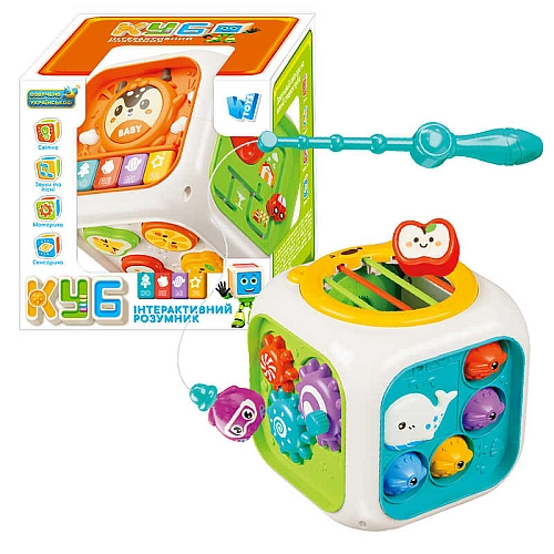 Куб "Інтерактивний розумник" 30671 (32) WToys, Українське озвучення, Вивчаємо цифри, Скоромовки, Казки, Зіграй мелодію, пісеньки, барабанчик, підсвічування, магнітна риболовля, сортер, пальчикові ігри