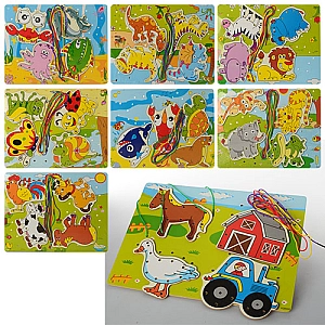 Дерев'яна іграшка шнурівка MD 0916 8 видів, в кульку 30-22-1 см