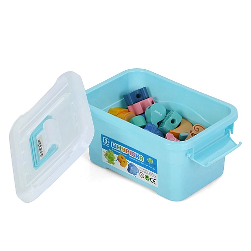 Дерев'яна іграшка Шнурівка MD 0145 у контейнері: овочі, фрукти,тварини