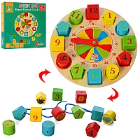 Дитяча дерев'яна іграшка різнокольорова головоломка шнурівка Годинники Монтессорі Cортер MD2606