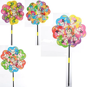 Вітрячок M 6241 квітка, єдиноріг + тварина, діам.24см, на палоч40см, 4в, в кульку