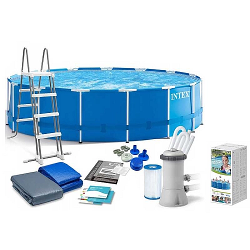 Intex Басейн каркасний 28242 NP від 6 років, сходи, тент, підстилка, насос та фільтр у комплекті, діаметр 457см, висота 122см, 16805 л, насос 3785 л/год