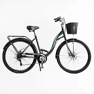 Велосипед міський Corso Liberty 28" дюймів LR-28193 + КОШИK, ТЕМНО-ЗЕЛЕНИЙ, сталева рама 20", Shimano 7 швидкостей, корзина, багажник