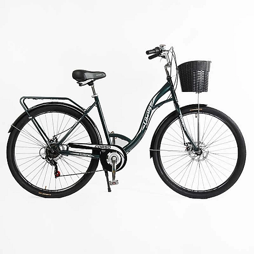 Велосипед міський Corso Liberty 28" дюймів LR-28193 + КОШИK, ТЕМНО-ЗЕЛЕНИЙ, сталева рама 20", Shimano 7 швидкостей, корзина, багажник