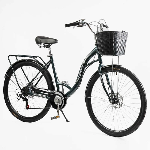 Велосипед міський Corso Liberty 28" дюймів LR-28193 + КОШИK, ТЕМНО-ЗЕЛЕНИЙ, сталева рама 20", Shimano 7 швидкостей, корзина, багажник