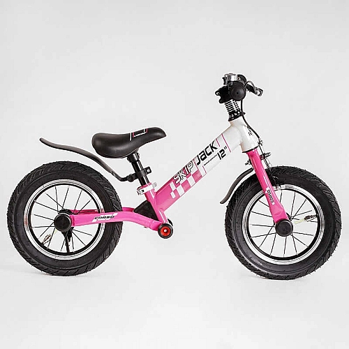 Велобіг Corso "Skip Jack" 25025 (1) Рожево-білий, надувні колеса 12", сталева рама з амортизатором, ручне гальмо, підніжка