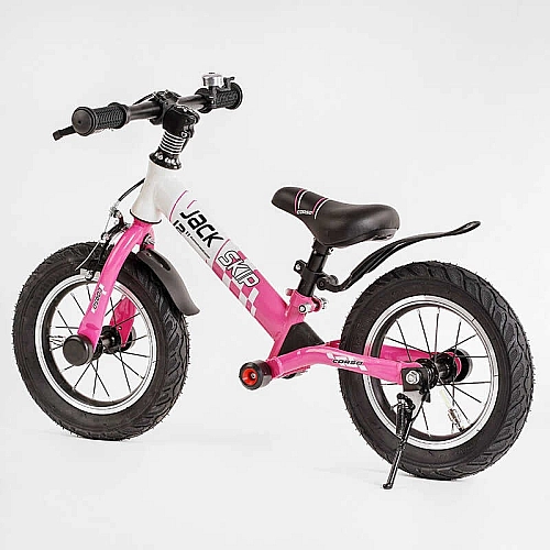 Велобіг Corso "Skip Jack" 25025 (1) Рожево-білий, надувні колеса 12", сталева рама з амортизатором, ручне гальмо, підніжка