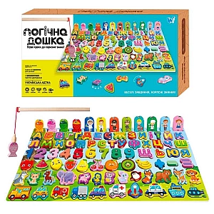 Логічна дерев’яна дошка 31592 (40) WToys, математичний+фруктовий сортер, транспорт, літери, магнітна риболовля