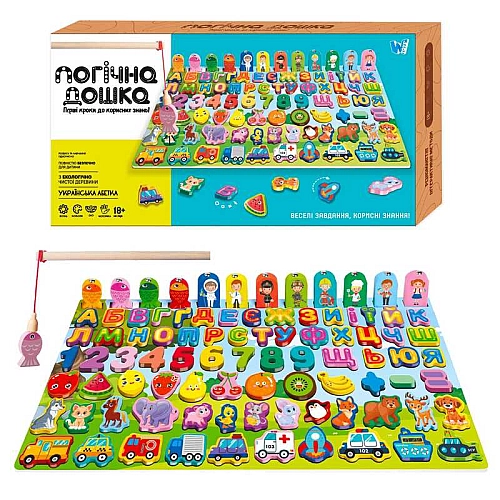 Логічна дерев’яна дошка 31592 (40) WToys, математичний+фруктовий сортер, транспорт, літери, магнітна риболовля