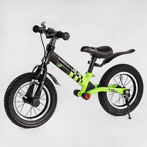 Велобіг Corso "Skip Jack" 95112 (1) ЧОРНО-ЗЕЛЕНИЙ, надувні колеса 12", сталева рама з амортизатором, ручне гальмо, підніжка