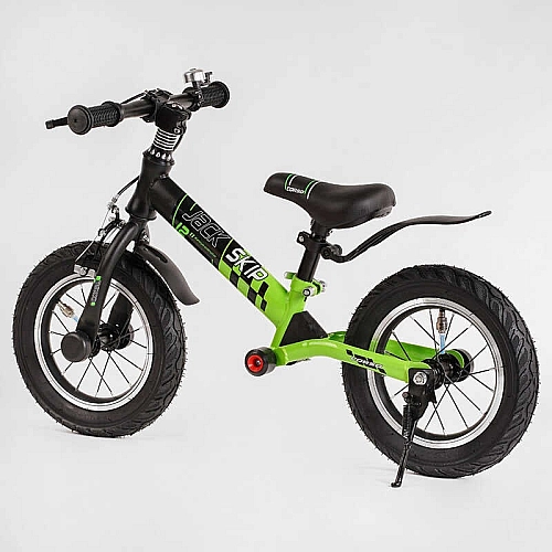 Велобіг Corso "Skip Jack" 95112 (1) ЧОРНО-ЗЕЛЕНИЙ, надувні колеса 12", сталева рама з амортизатором, ручне гальмо, підніжка