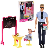 Ігровий набір Лялька Defa Kevin Вчитель (у сорочці у біло-блакитну клітку) та учениця на уроці, ігрові предмети, 30 см 8368