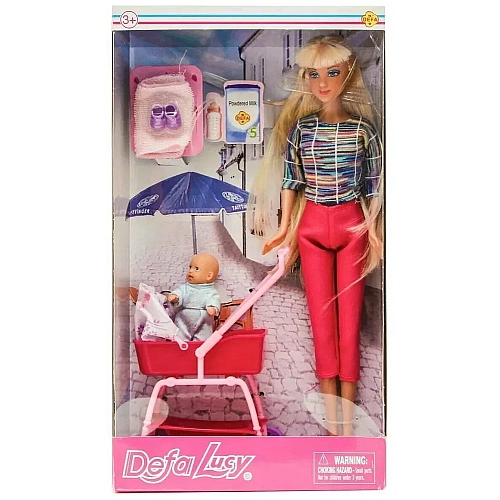 Ігровий набір Лялька Defa Lucy Мама з малюком-хлопчиком у колясці, ігрові предмети, 29 см 8358-BF