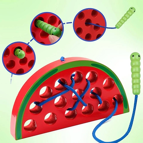 Развивающая деревянная игрушка Монтессори "Арбуз с червячком" шнуровка MD1228