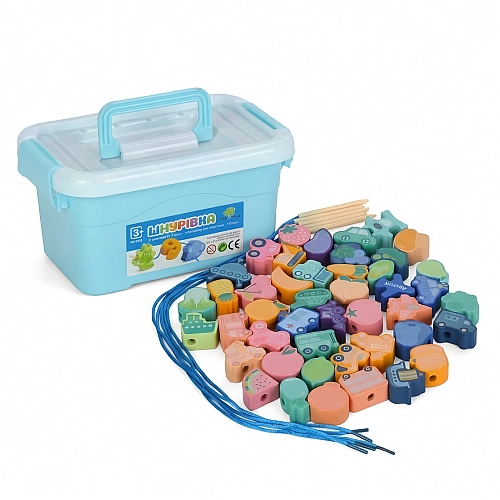 Дерев'яна іграшка Шнурівка MD 0145 у контейнері: овочі, фрукти, транспорт