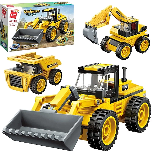 Конструктор Qman Unlimited Ideas 3в1: Трактор, Екскаватор, Самоскид, 203 деталі 42110
