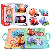 Набір машин HE 8069 4 машини-тварини, килимок-сумка, брязкання