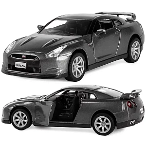 Игрушечная машинка металлическая Kinsmart 1:36 2009 Nissan GT-R R35 инерционная, двери открываются KT5340W / Тёмно-серый.
